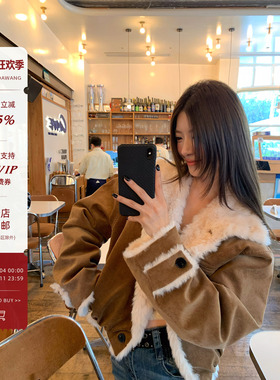 牙套大汪【新贵千金】棕立领设计短款防风保暖正反两穿仿毛绒外套