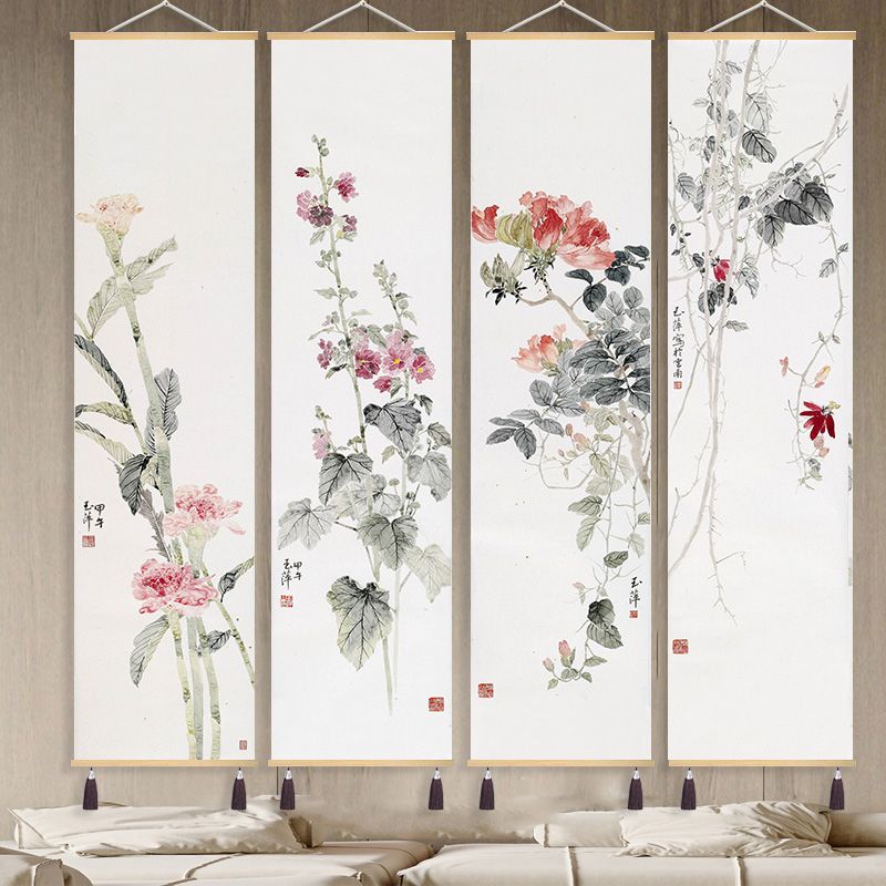 新中式仿古画四扇工笔装饰画布艺挂画打印喷绘房间背景墙壁画遮挡