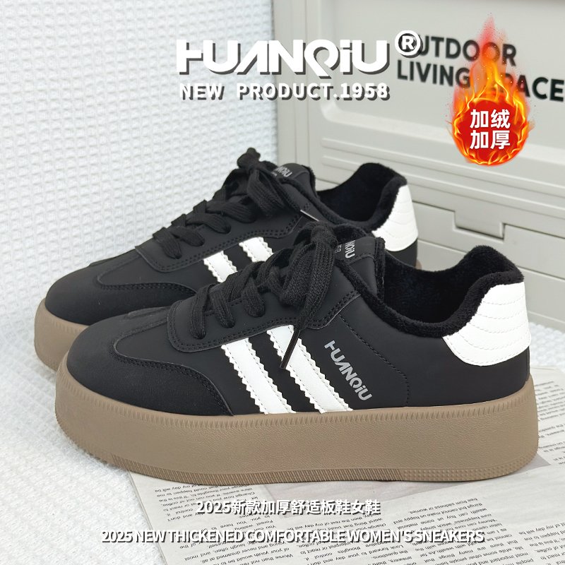 环球复古黑色休闲德训鞋女加绒保暖运动板鞋防寒舒适加厚鞋子女