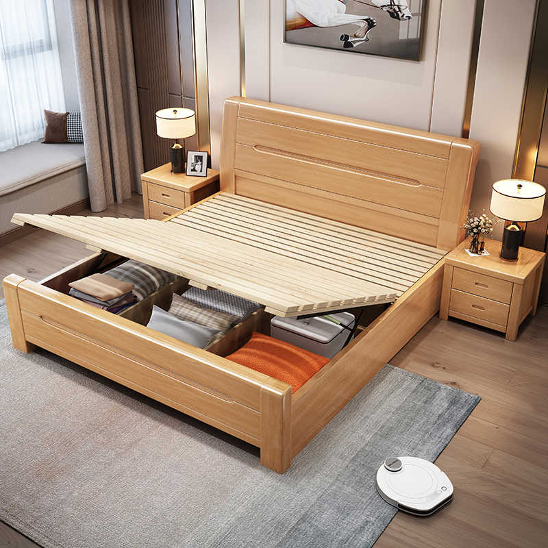 榉木实木床工厂直销1.8米双人床1.5m高箱储物现代简约2米x2米大床