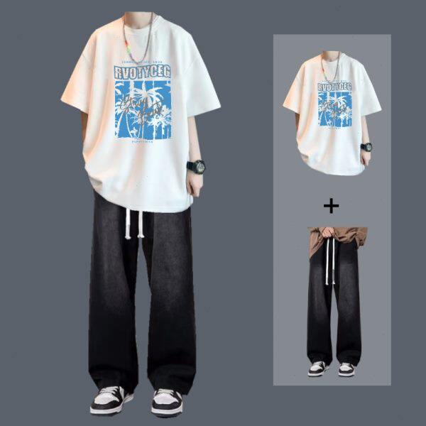 美式高街套装夏季男生短袖t恤一套搭配牛仔裤ins潮男一整套衣服
