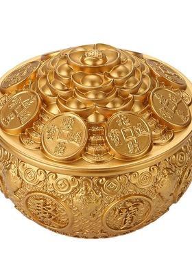 纯黄铜聚宝盆招米缸摆件带盖金蟾五福客厅桌面办公室店铺开业送礼