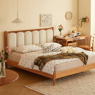 丸子物语实木樱桃木软包奶油风日式 复古1.5米1.8小户型主卧双人床