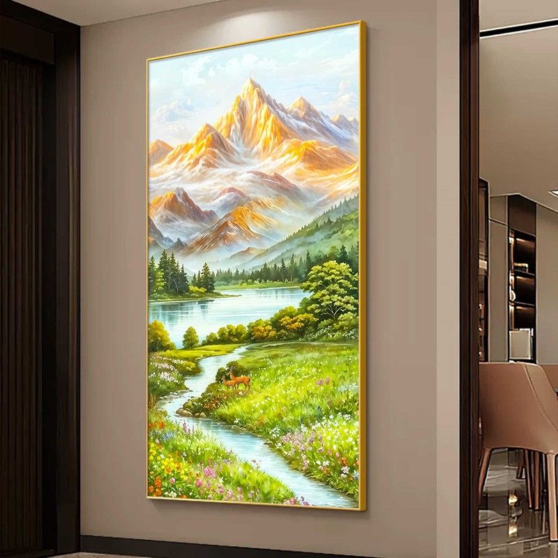 玄关装饰画入户正对门高级感现代简约走廊过道挂画山水画风景油画图片