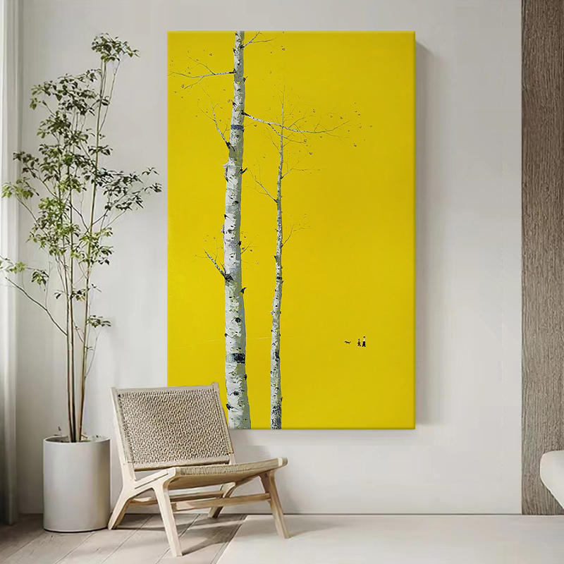 抽象白桦树纯手绘油画风景客厅装饰画现代简约玄关丙烯肌理挂画图片