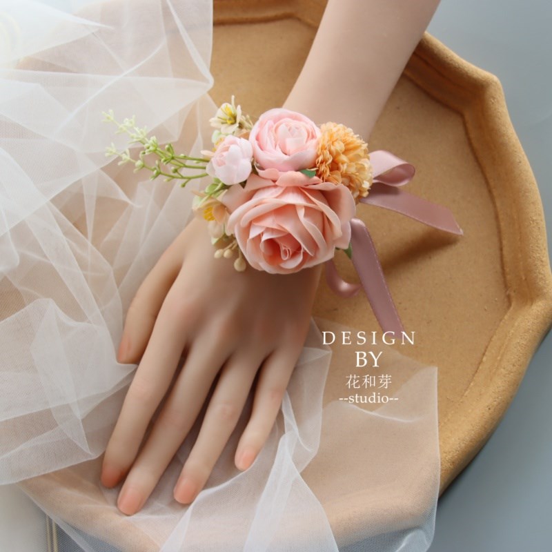 蜜糖  手工森系粉香槟玫瑰新娘伴娘姐妹团礼服西式婚礼胸花手腕花