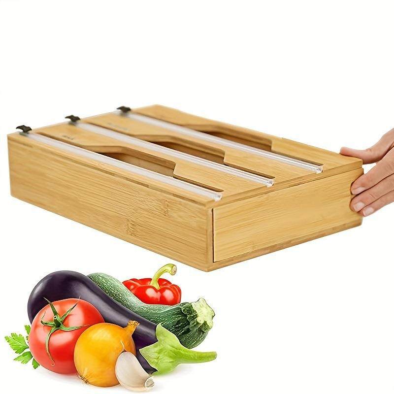 竹制保鲜膜切割器多格保鲜膜分切锡箔纸简约收纳盒壁挂厨房切割