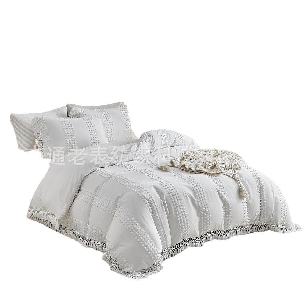 老表外贸供货厂家床上用品套件条纹色织球球流苏简约款