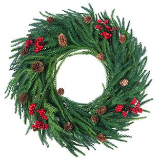 新款圣诞装饰花环仿真手感软胶松柏红果诺福克松松针花环