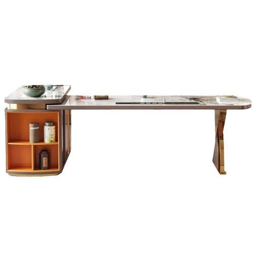 轻奢现代转角岩板书桌茶台一体书房客厅办公室老板泡茶桌岩板茶桌