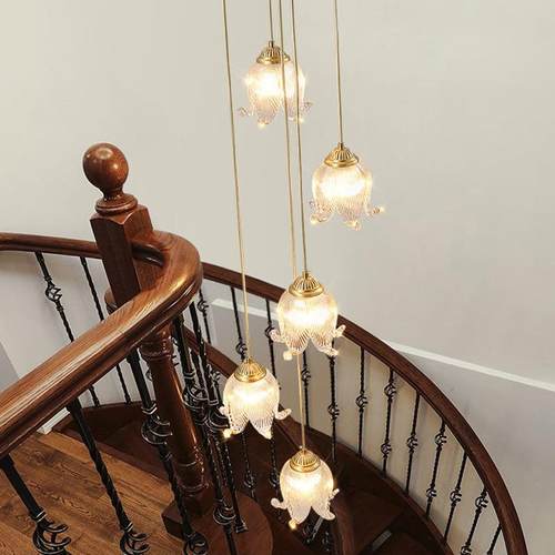 楼梯吊灯长复式别墅挑高loft公寓客厅中空美式简约法式奶油小吊灯