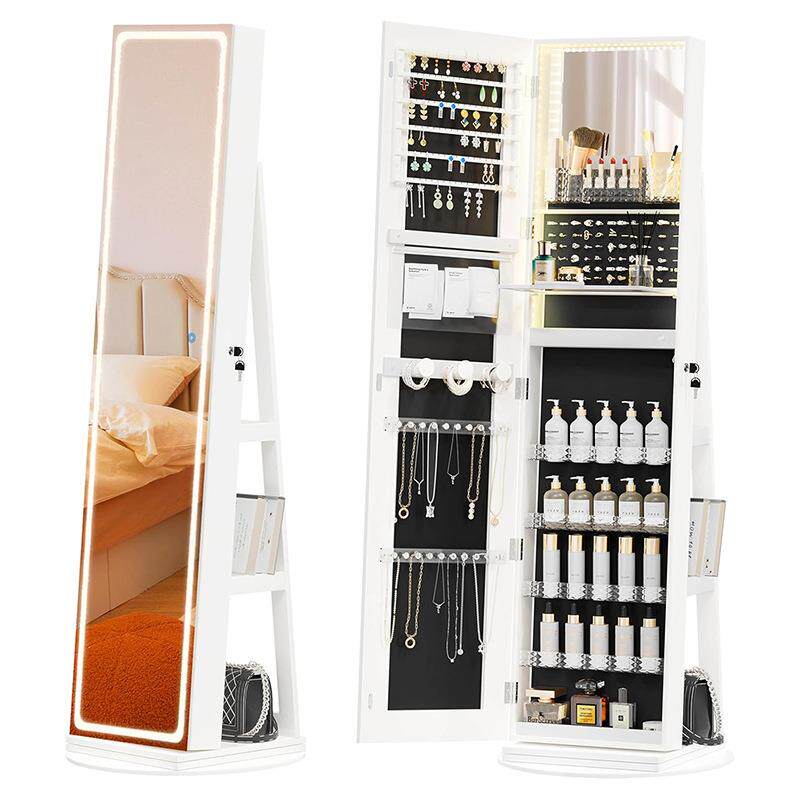 现代简约实木穿衣镜旋转落地全身镜柜家用试衣镜子收纳储物首饰柜