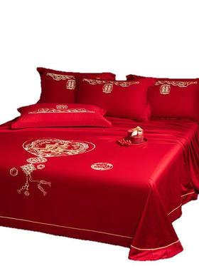 结婚大红色80S长绒棉刺绣单件床单送礼陪嫁单品床上枕套三件套