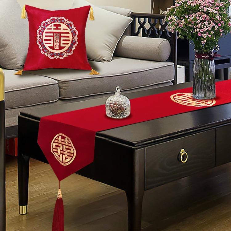 布桌旗结苏桌婚茶几桌婚礼中式红色喜字餐布婚庆流刺绣电视2024柜