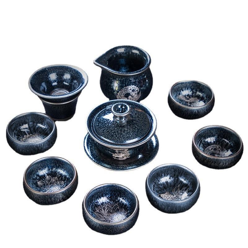 镶银建盏茶具套装建阳铁胎陶瓷整套功夫茶具家用茶壶盖碗喝茶杯子