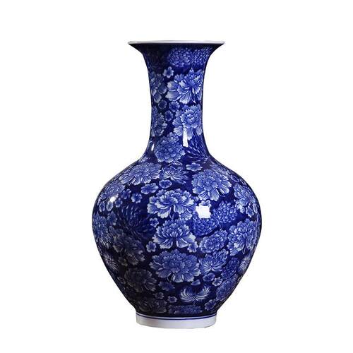 景德镇手绘混水蓝底牡丹赏瓶陶瓷新中式客厅家居工艺品博古架摆件