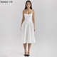 House CB优雅纯色白色束腰中长连衣裙Samaria