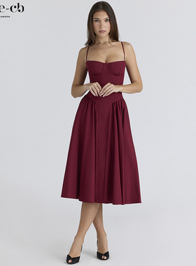 House of CB高贵优雅酒红色束腰中长连衣裙Samaria