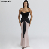 House CB复古华美黑色丝绒与浅粉雪纺超长连衣裙Clara