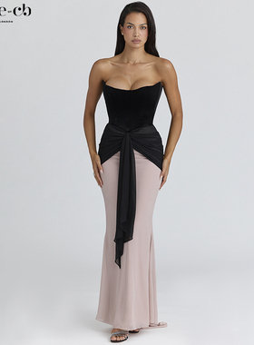 House of CB复古华美黑色丝绒与浅粉雪纺超长连衣裙Clara