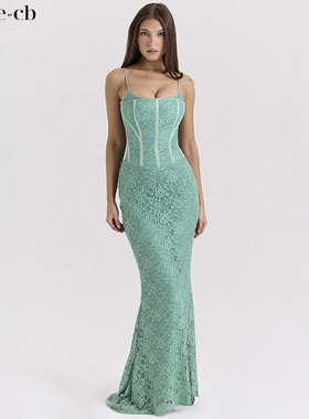 House of CB优雅高贵翡翠绿蕾丝紧身超长连衣裙Antonina