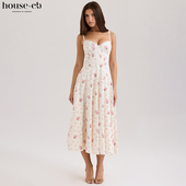 House CB精致清新白色弹力棉玫瑰印花中长连衣裙Steffani