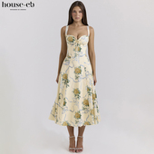 CB休闲风优雅柠檬色印花棉质中长连衣裙 House Rosalee