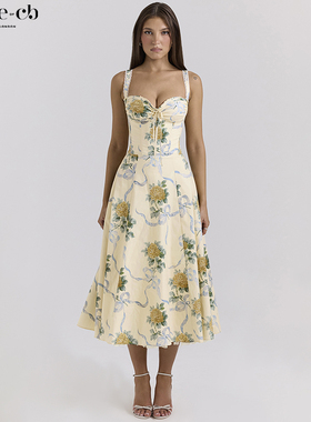 House of CB休闲风优雅柠檬色印花棉质中长连衣裙 Rosalee