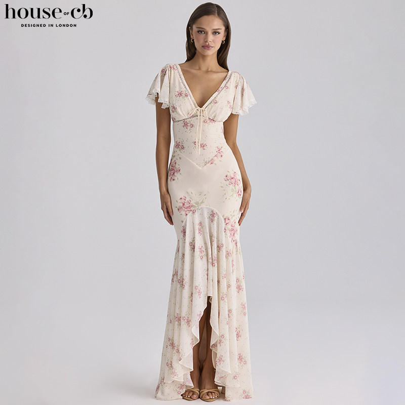 House of CB田园风玫瑰花卉印花雪纺超长茶歇裙Amina