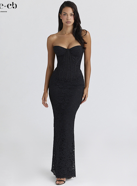 House of CB精致优雅黑色蕾丝束腰超长连衣裙Solaine