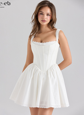 House of CB 精致柔美白色弹力棉束腰迷你连衣裙Ami