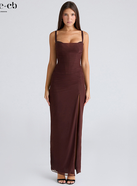 House of CB御姐风性感酒红色弹力网纱超长连裙Lini