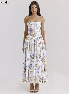 House of CB田园风米白色复古蝴蝶结印花棉质太阳裙 Ysabella