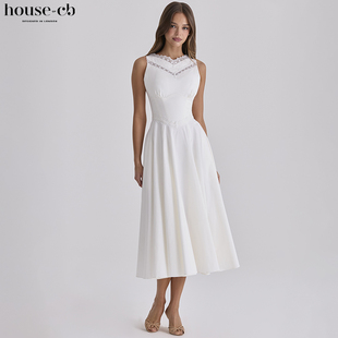House CB清新白色棉质蕾丝边收腰中长连衣裙Scarlett