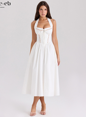 House of CB春日浪漫白色棉质挂脖中长连衣裙Emilia