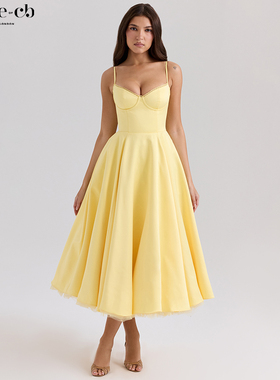 House of CB高贵优雅阳光黄色缎面薄纱中长连衣裙Mademoiselle