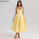 House CB高贵优雅阳光黄色缎面薄纱中长连衣裙Mademoiselle