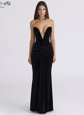 House of CB奢华性感黑色丝绒深V超长礼服Vienne
