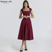 House CB大方优雅酒红色蕾丝后背斜纹中长连衣裙Raisa