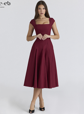 House of CB大方优雅酒红色蕾丝后背斜纹中长连衣裙Raisa