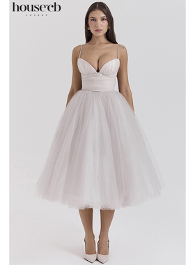 House of CB 秋冬款优雅大气法式鸽灰白褶皱胸衣连衣裙Countess