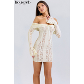 House 优雅迷人复古奶油色花卉蕾丝一字肩迷你连衣裙Sadie