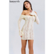 House 优雅迷人复古奶油色花卉蕾丝一字肩迷你连衣裙Sadie