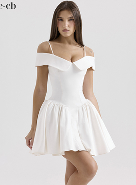 House of CB甜美俏皮白色斜纹露肩收腰迷你连衣裙Elida