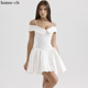 House CB甜美俏皮白色斜纹露肩收腰迷你连衣裙Elida