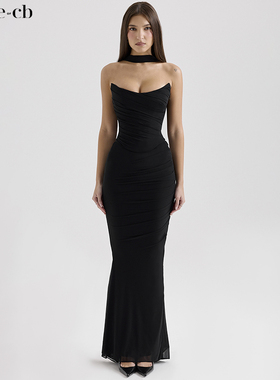 House of CB修身性感黑色露肩紧身胸衣配领巾Hallie