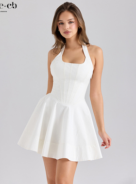 House of CB百搭俏皮白色弹力棉挂脖式迷你连衣裙Sasha