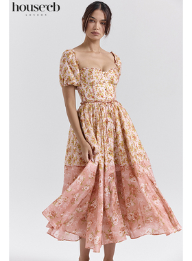 House of CB 休闲度假风桃色泡泡袖复古玫瑰印花连衣裙Penelope