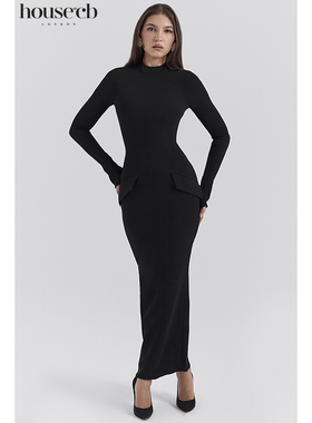 House of CB 秋冬款知性黑色高领喇叭袖超长连衣裙Marie-Louise