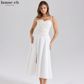 House CB清新奶油色玫瑰印花可拆卸胸衣中长连衣裙Clarabelle